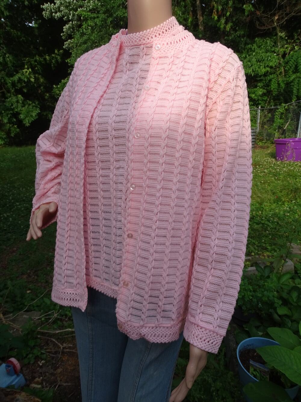 True Vintage 60s Montgomery Ward Pink Knit Sweater Set Cardigan and Sleeveless